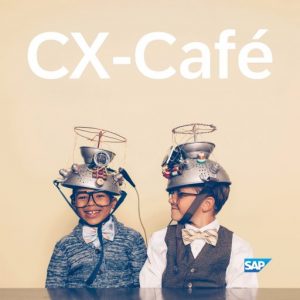 Podcast artwork for CX Cafe: A vintage-style photo of two young boys wearing inventive-looking helmets made from kitchen utensils and gadgets. They also wear glasses and sweater vests, and are sitting in front of a cream colored background and behind a dark, shiny desk.